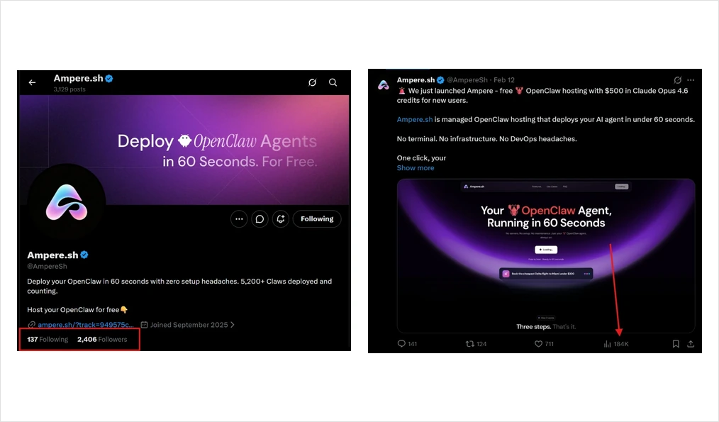 Two screenshots from X: the Ampere.sh profile at 2,406 followers, and the launch post showing 184K impressions.